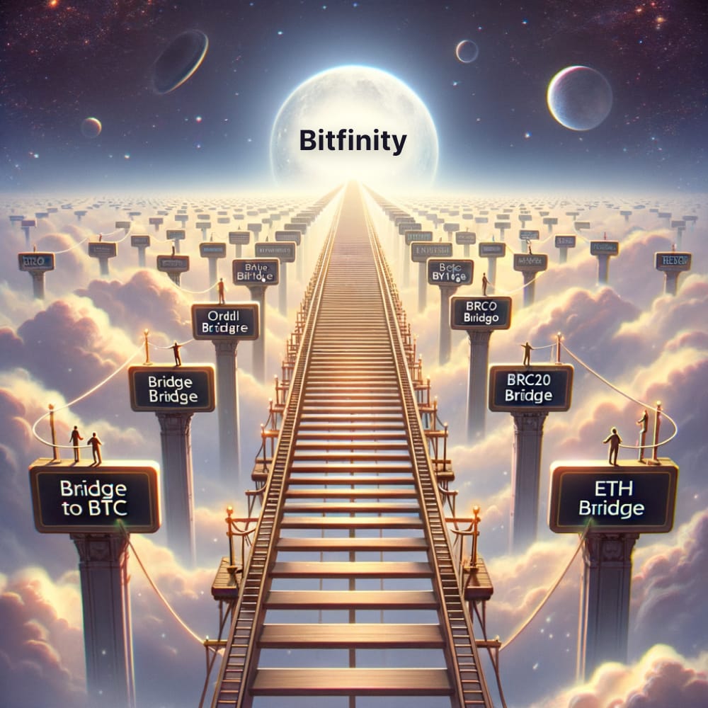 a ladder with on top heaven and the name 'Bitfinity' , on each step we see little bridges left and right. Every bridge has names on top, the names are; "Bridge to BTC" "Ordinal Bridge" "BRC20 Bridge" "ETH Bridging" At the end of the road we see the name 'Bitfinity'